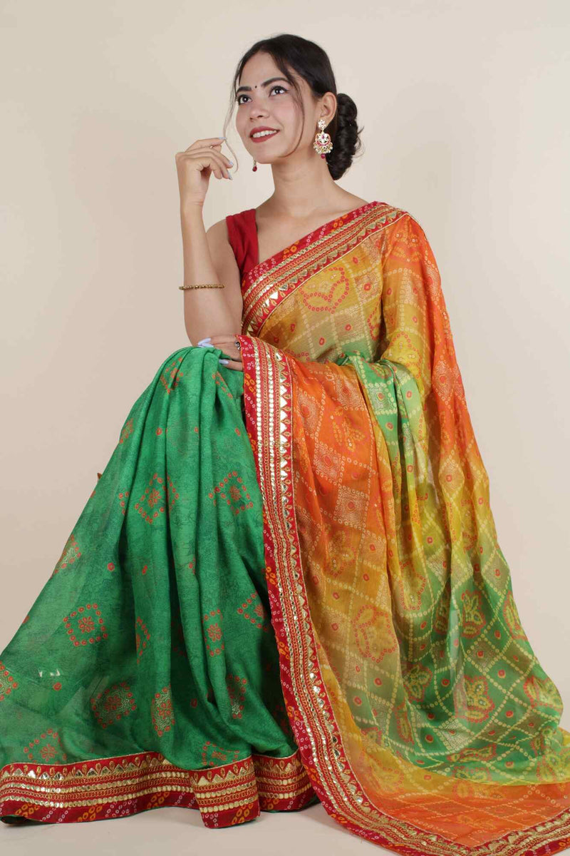 Prepossessing Green Bandhej With Gota Patti Border Wrap In One Minute Saree With Readymade Blouse - Isadora Life Online Shopping Store