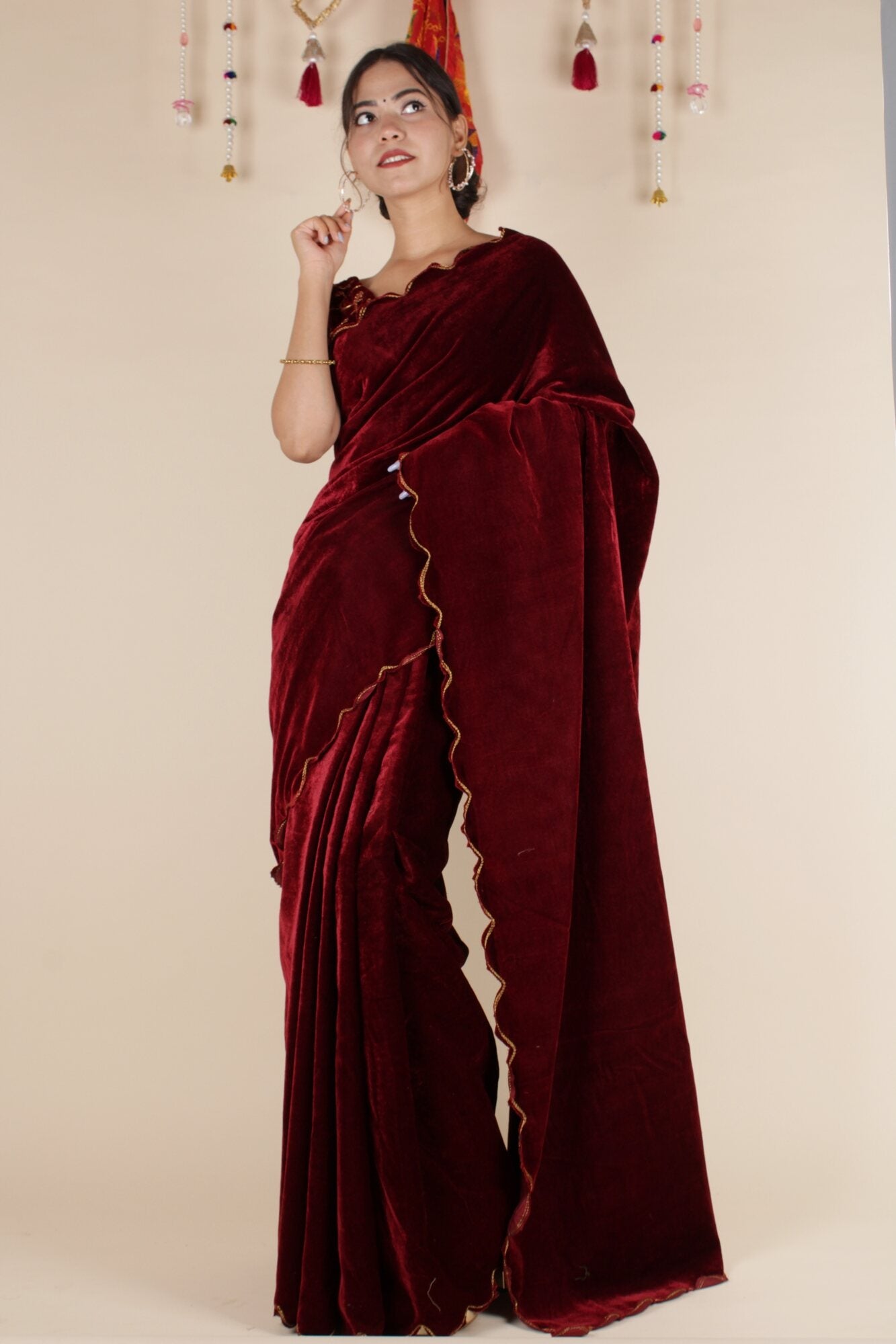 Beautiful Velvet Maroon solid saree with embroidered border wrap in 1 minute saree - Isadora Life Online Shopping Store