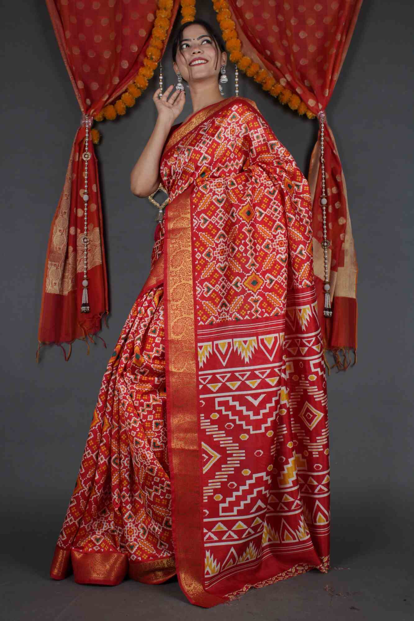 Beautiful Red Patola Tilfi Printed Cotton silk Saree  Wrap in 1 minute saree - Isadora Life Online Shopping Store