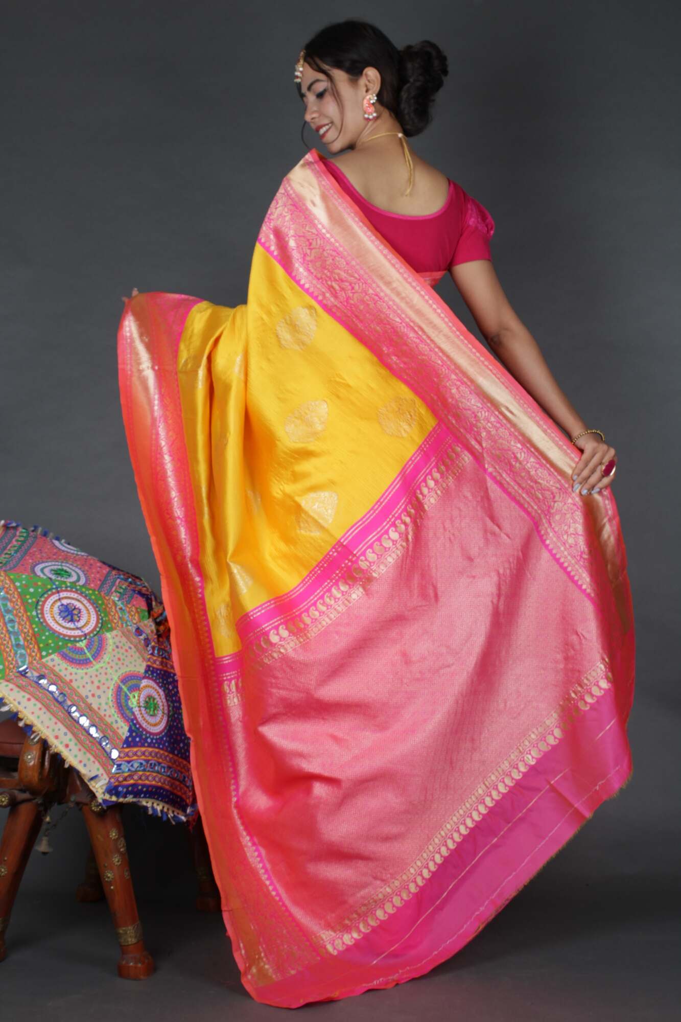 Ready-to-wear Orange & Pink Banarasi One Minute Saree with Stitched Blouse - Isadora Life Online Shopping Store
