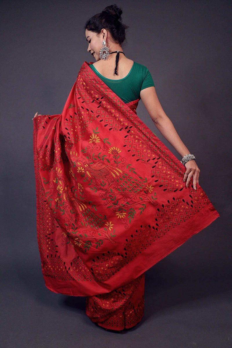 Red Beautiful traditional kantha work all over wrap in 1 minute saree - Isadora Life Online Shopping Store