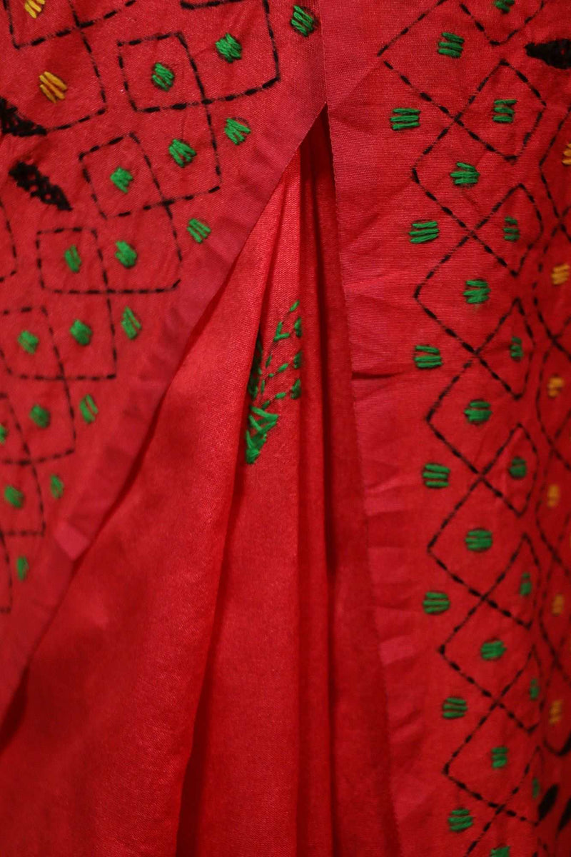 Red Beautiful traditional kantha work all over wrap in 1 minute saree - Isadora Life Online Shopping Store