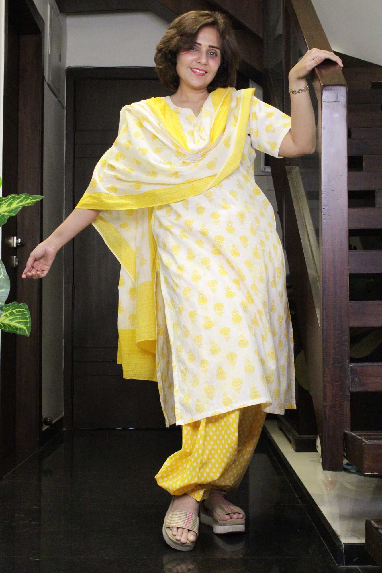 Yellow-White Hand Block Printed Ready to wear Salwar-Kameez with Dupatta - Isadora Life Online Shopping Store