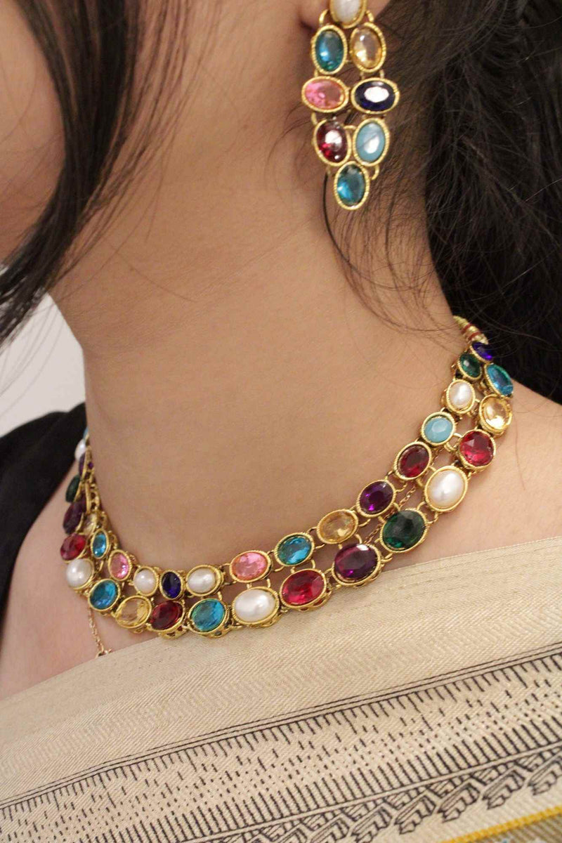 Multicolor Stone-Studded Necklace & Earrings Set - Isadora Life Online Shopping Store