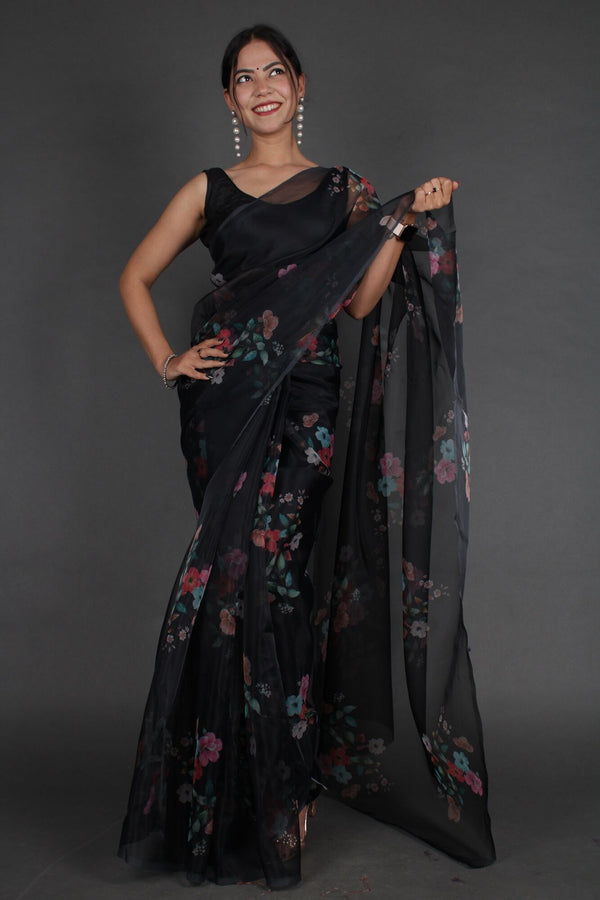 Black & Pink Floral Organza with floral print Wrap in one minute saree with ready blouse - Isadora Life Online Shopping Store