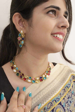 Multicolor Stone-Studded Necklace & Earrings Set - Isadora Life Online Shopping Store