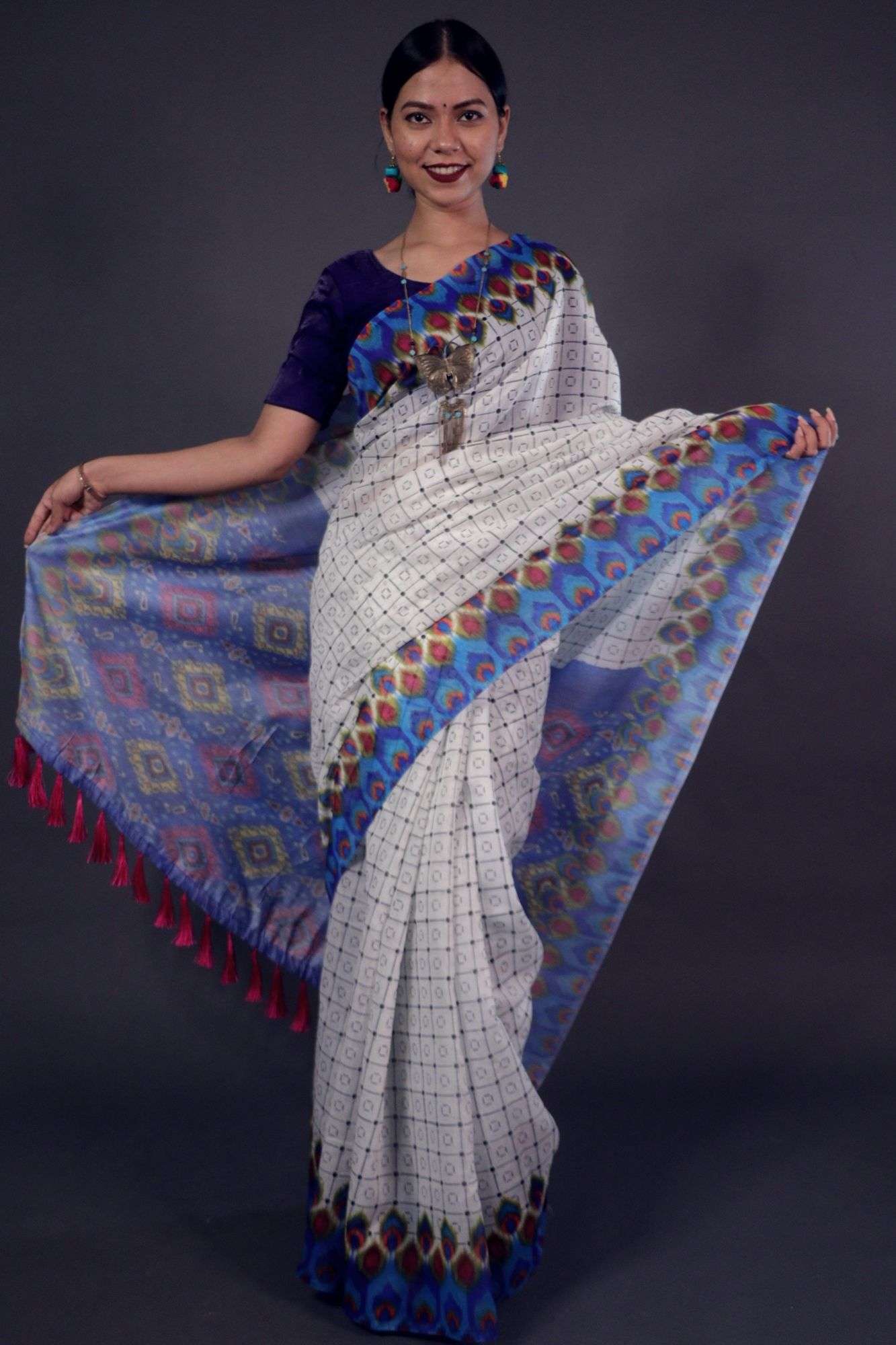 Classy blue patola print on pallu and mayur print pallu with tassels wrap in 1 minute saree - Isadora Life Online Shopping Store