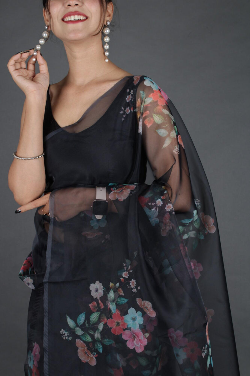 Black & Pink Floral Organza with floral print Wrap in one minute saree with ready blouse - Isadora Life Online Shopping Store