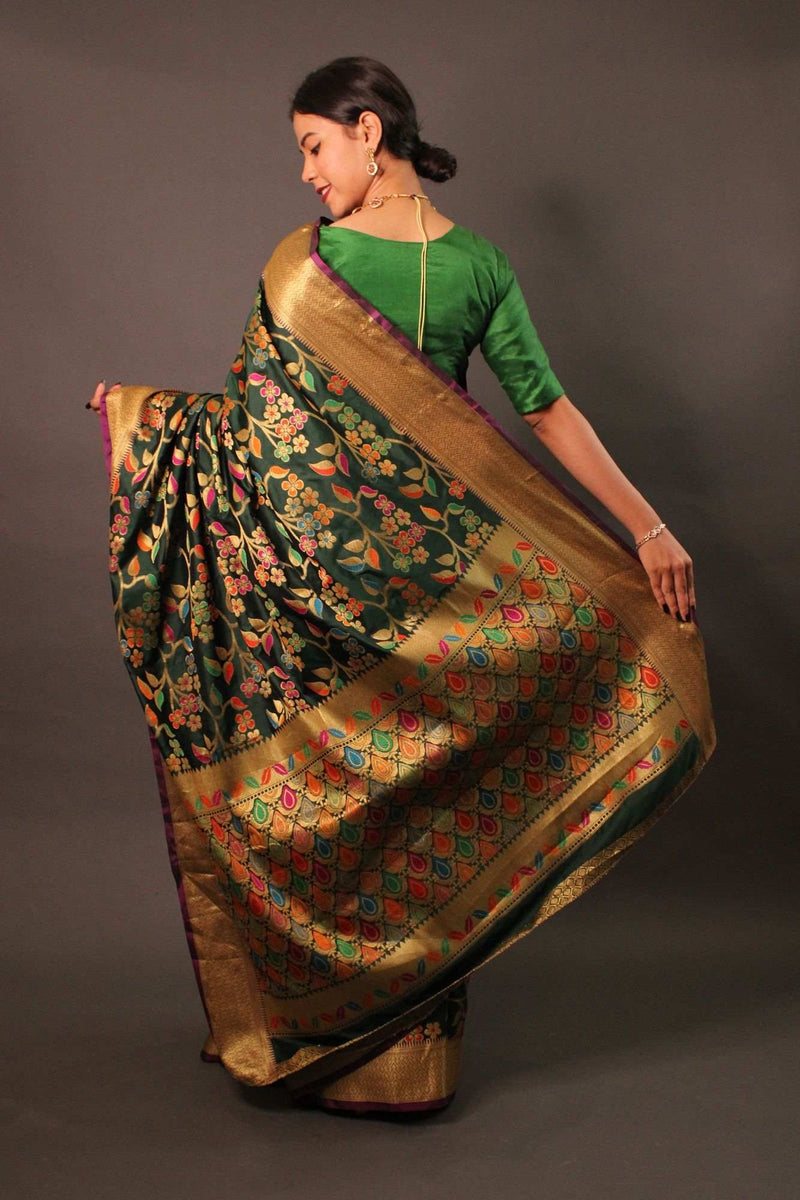 Green banarasi with ornate pallu wrap in 1 minute saree - Isadora Life Online Shopping Store