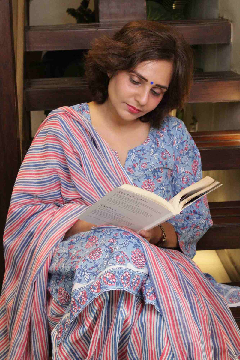 Kalamkari Printed Blue & Red Cotton Comfortable  Ready to wear Salwar-Kameez with Dupatta - Isadora Life Online Shopping Store