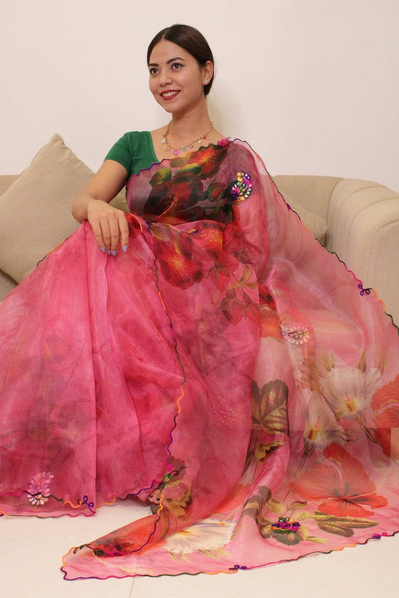 Pink & Red Floral Organza with beautiful mirror work patch Wrap in 1 minute saree - Isadora Life Online Shopping Store