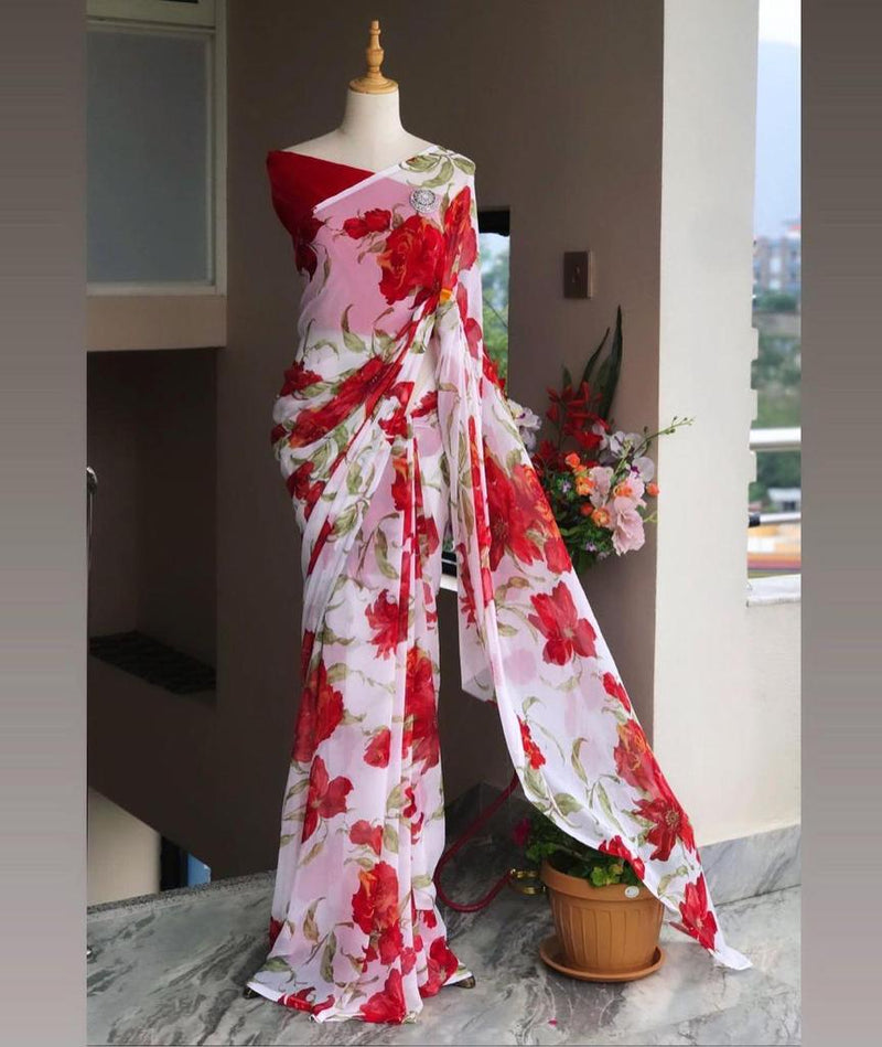 Wrap in 1 Minute White With Red Floral Georgette ready to wear saree with ready made blouse - Isadora Life Online Shopping Store